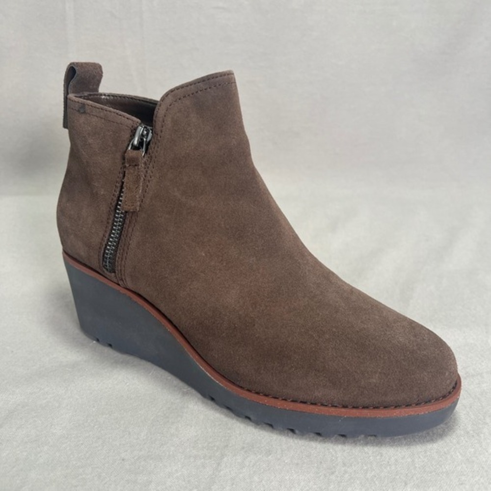 Sanctuary Evolve Java Brown Suede Wedge Heel Ankle Booties Leather Side Zip 8.5M
